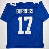 Autographed/Signed Plaxico Burress New York Blue Football Jersey JSA COA