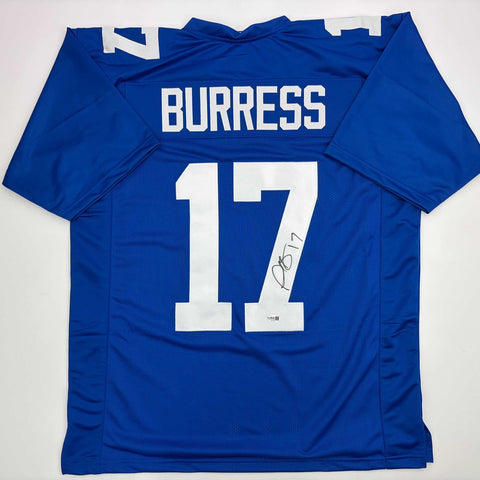 Autographed/Signed Plaxico Burress New York Blue Football Jersey JSA COA
