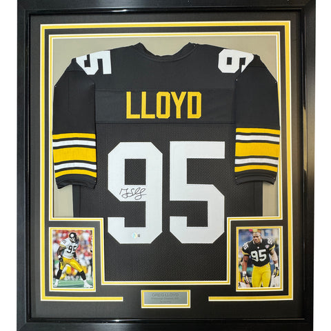 Framed Autographed/Signed Greg Lloyd 35x39 Pittsburgh Black Jersey Beckett COA