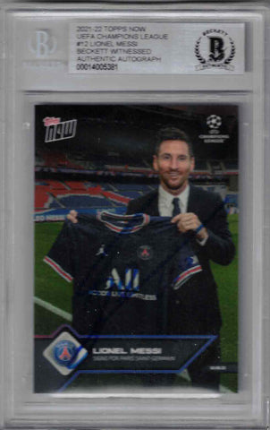 Lionel Messi Autographed 2021 Topps Now #12 PSG Trading Card BAS Slab 39480