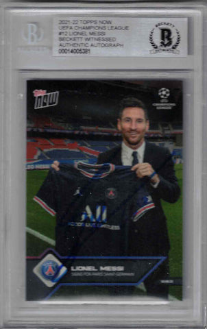 Lionel Messi Autographed 2021 Topps Now #12 PSG Trading Card BAS Slab 39480