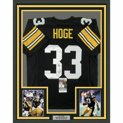 FRAMED Autographed/Signed MERRIL HOGE 33x42 Pittsburgh Black Jersey JSA COA Auto