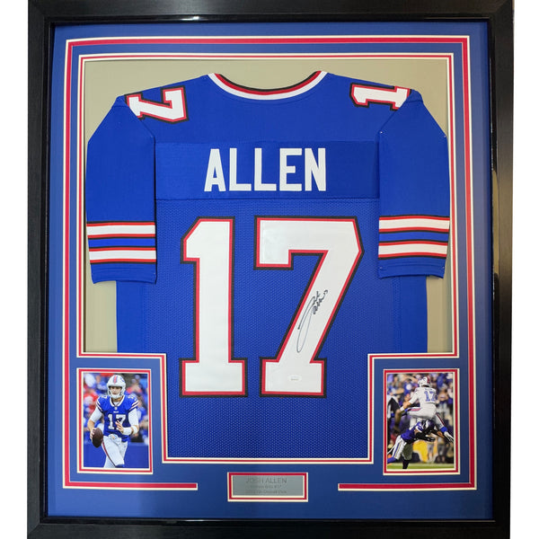 Framed Autographed/Signed Josh Allen 35x39 Buffalo Bills Blue Jersey JSA COA
