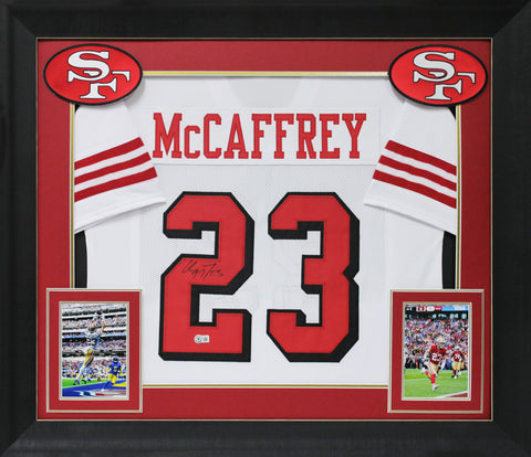 Christian McCaffrey Signed White Pro Style Framed Jersey w/ Dropshadow BAS
