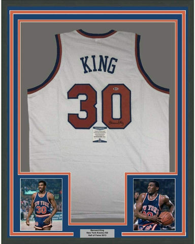 Framed Autographed/Signed Bernard King 33x42 New York White Jersey Beckett COA
