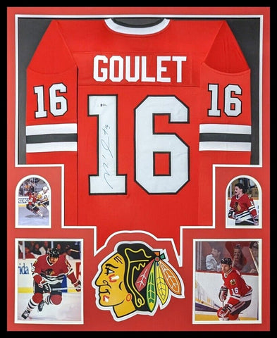 FRAMED CHICAGO BLACKHAWKS MICHEL GOULET AUTOGRAPHED SIGNED JERSEY BECKETT COA