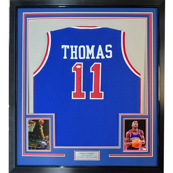 FRAMED Autographed/Signed ISIAH THOMAS 35x39 Detroit Blue Jersey BAS COA