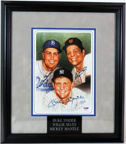 Duke Snider, Willie Mays, Mickey Mantle Autographed 8x10 Photo Framed PSA LOA