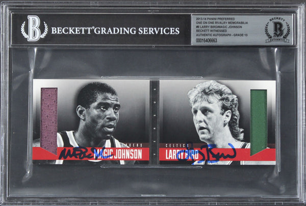 Larry Bird & Magic Johnson Signed 2013 Panini Preferred #8 Card Auto 10 BAS Slab