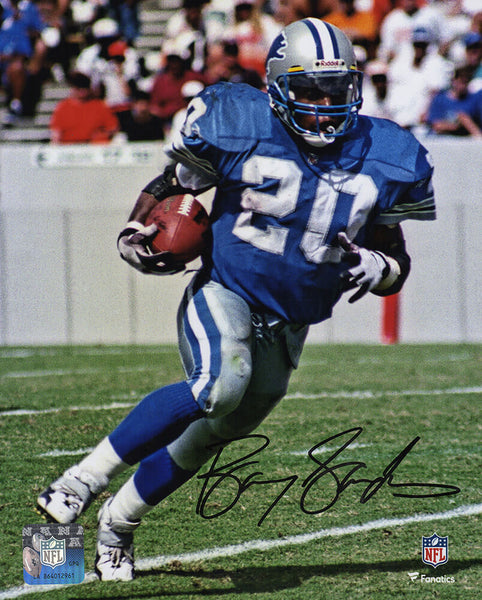 Barry Sanders Signed Lions Blue Jersey Running With Football 8x10 Photo (SS COA)