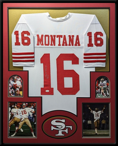FRAMED SAN FRANCISCO 49ERS JOE MONTANA AUTOGRAPHED SIGNED JERSEY JSA COA