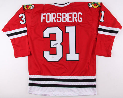 Anton Forsberg Signed Blackhawks Jersey (Beckett COA)Chicago 2018 #1 Goaltender
