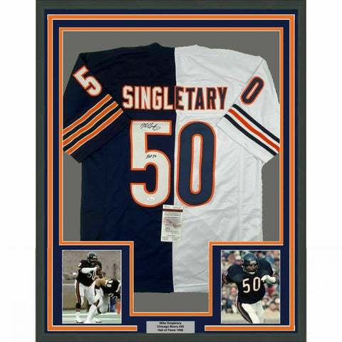 FRAMED Autographed/Signed MIKE SINGLETARY HOF 33x42 Chicago Split Jersey JSA COA
