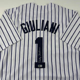 Autographed/Signed Rudy Giuliani New York Pinstripe Jersey Beckett BAS COA