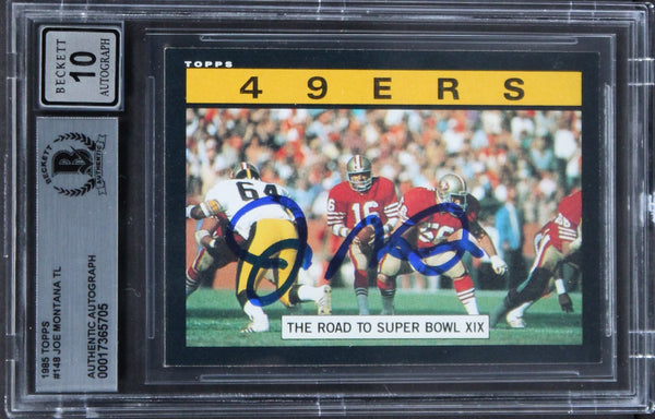 49ers Joe Montana Signed 1985 Topps #148 TL Card Auto Graded 10! BAS Slab