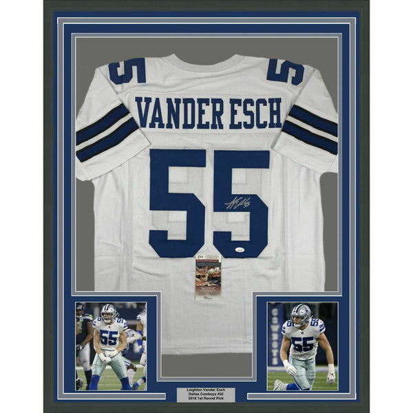 FRAMED Autographed/Signed LEIGHTON VANDER ESCH 33x42 Dallas White Jersey JSA COA