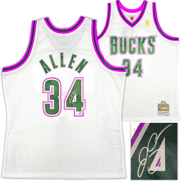 BUCKS RAY ALLEN AUTOGRAPHED AUTHENTIC M&N 96-97 ROOKIE JERSEY XL BECKETT 221294