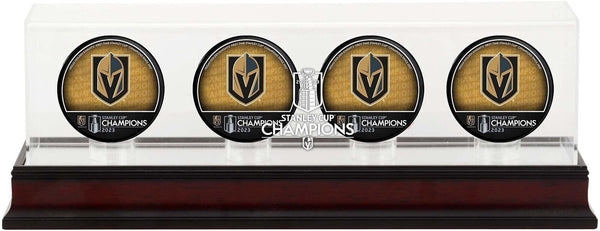 Golden Knights \'23 SC Champs Mahogany Four Hockey Puck Logo Display Case