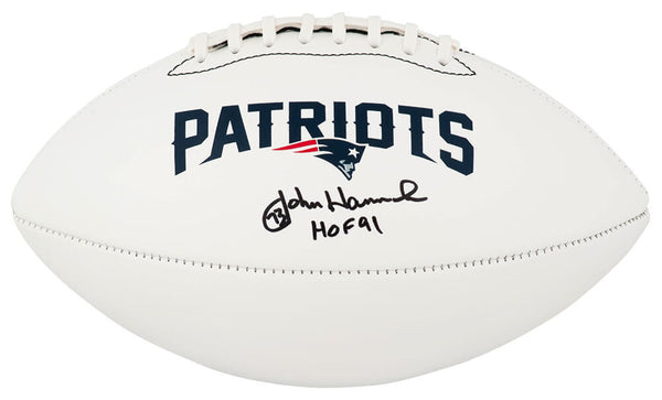 John Hannah Signed Patriots Franklin White Logo Football w/HOF'91 (SCHWARTZ COA)