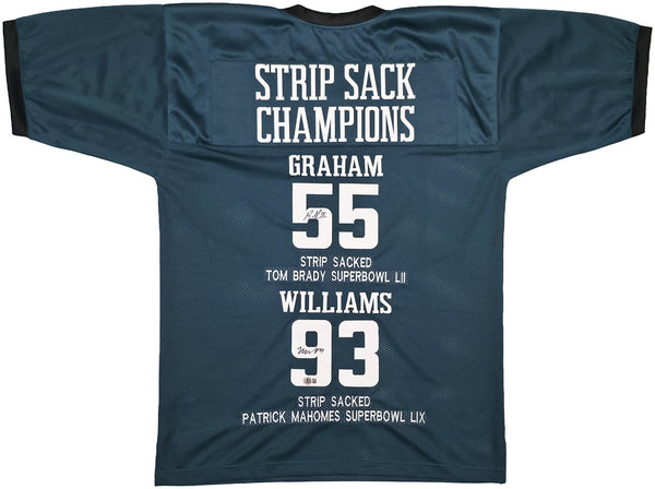 EAGLES BRANDON GRAHAM & MILTON WILLIAMS AUTOGRAPHED SB STATS JERSEY STRIP SACK