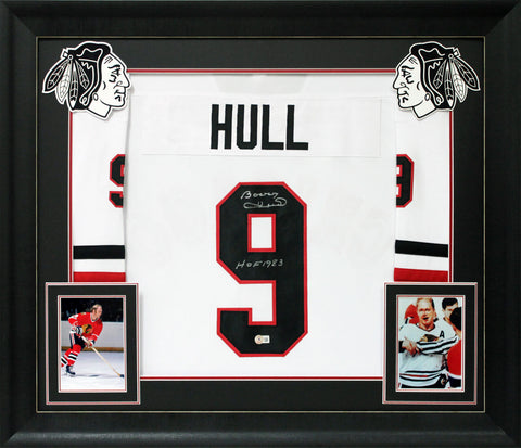 Bobby Hull "HOF 1983" Authentic Signed White Pro Style Framed Jersey BAS