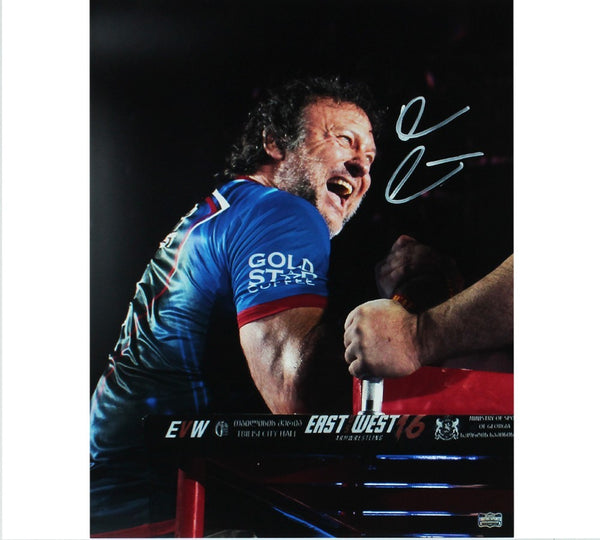 Devon Larratt Signed Unframed 16x20 Arm Wrestling Photo - Blue Shirt