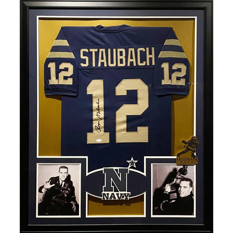 Roger Staubach Navy Autographed Framed Naval Academy Cowboys Jersey