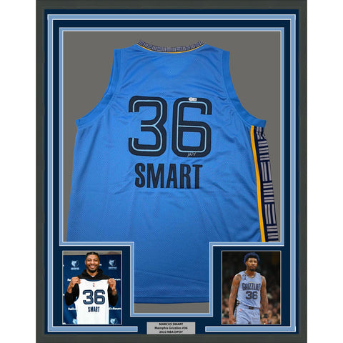 Framed Autographed/Signed Marcus Smart 33x42 Memphis Light Blue Jersey BAS COA