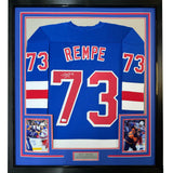 Framed Autographed/Signed Matt Rempe 35x39 New York Blue Jersey Beckett BAS COA