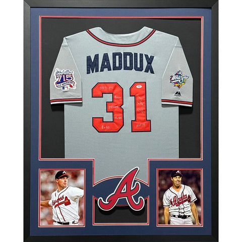 Greg Maddux Autographed Signed Framed Grey Braves Inscriptions Jersey BECKETT