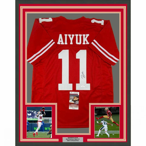 FRAMED Autographed/Signed BRANDON AIYUK 33x42 San Francisco Red Jersey JSA COA