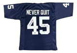 Rudy Ruettiger Sean Astin Notre Dame Signed Blue Never Quit Jersey BAS+JSA