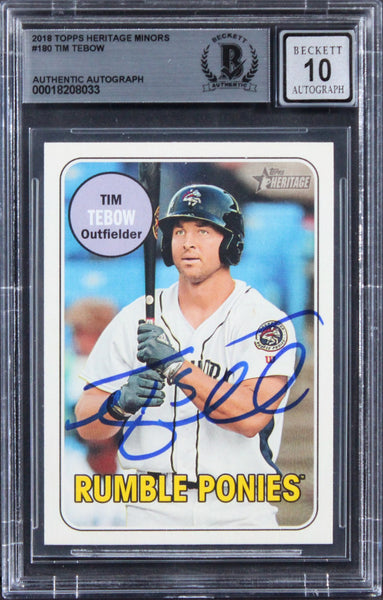 Mets Tim Tebow Signed 2018 Topps Heritage Minors #180 RC Card Auto 10! BAS Slab