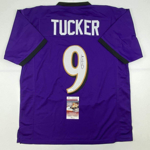 Autographed/Signed Justin Tucker Baltimore Purple Football Jersey JSA COA