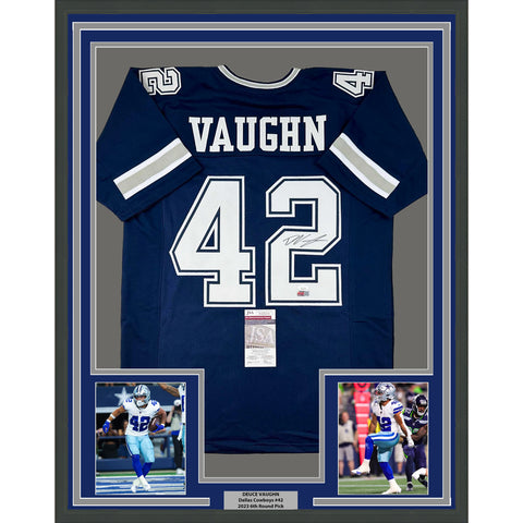 Framed Autographed/Signed Deuce Vaughn 35x39 Dallas Blue Football Jersey JSA COA