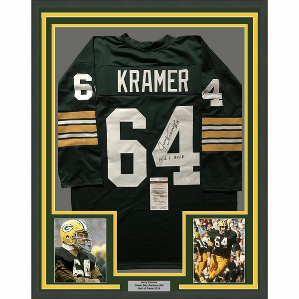 FRAMED Autographed/Signed JERRY KRAMER HOF 33x42 Green Bay Green Jersey JSA COA