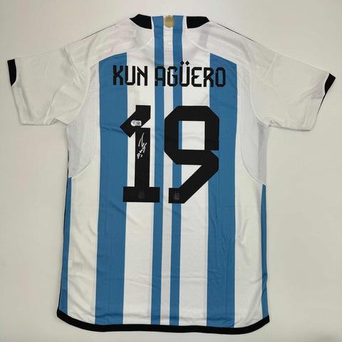 Autographed/Signed Sergio Kun Aguero Argentina Blue Soccer Futbol Jersey BAS COA