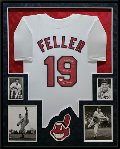 SUEDE FRAMED CLEVELAND INDIANS BOB FELLER AUTOGRAPHED INSCRIBED JERSEY JSA COA