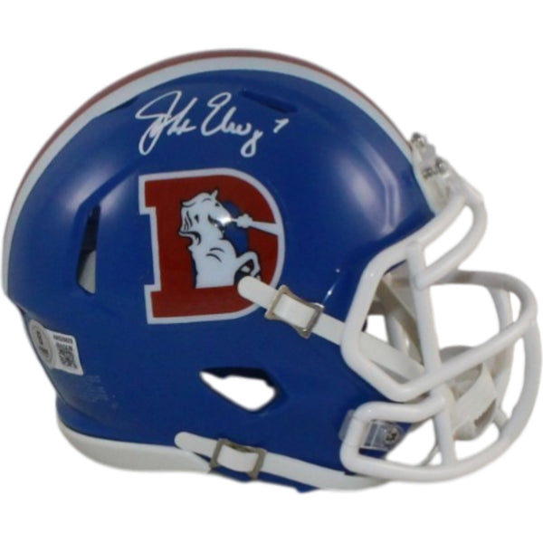 John Elway Autographed Denver Broncos TB Mini Helmet Beckett Witness 55218