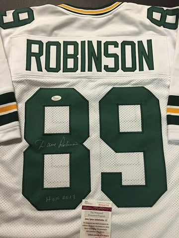 Autographed/Signed DAVE ROBINSON HOF 2013 Green Bay White Jersey JSA COA