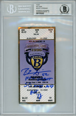 Ray Lewis Signed Baltimore Ravens NFL Debut Ticket Stub 3 Insc BAS 10 Slab 35038