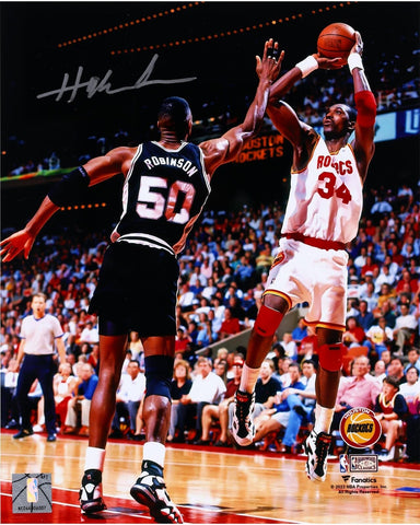 Hakeem Olajuwon Houston Rockets Signed 8x10 Jump Shot Over David Robinson Photo