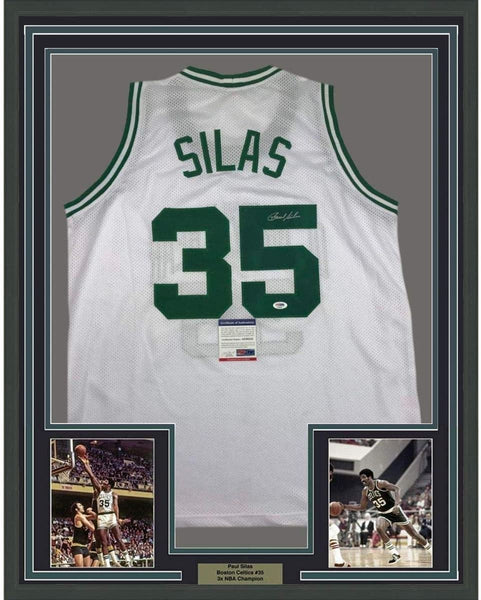 Framed Autographed/Signed Paul Silas 35x39 Boston White Jersey PSA/DNA COA
