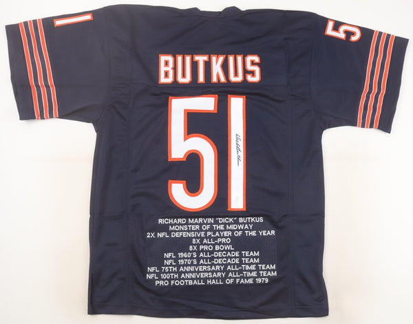 Dick Butkus Signed Chicago Bears Career Stat Jersey (JSA COA) 8xPro Bowl L.B
