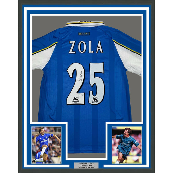 Framed Autographed/Signed Gianfranco Zola 35x39 Chelsea FC Blue Jersey COA