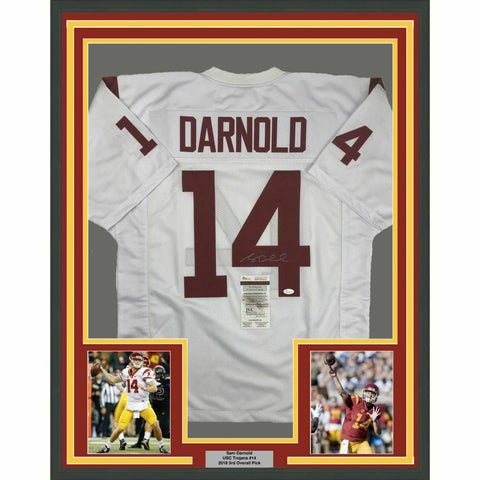 FRAMED Autographed/Signed SAM DARNOLD 33x42 USC White College Jersey JSA COA