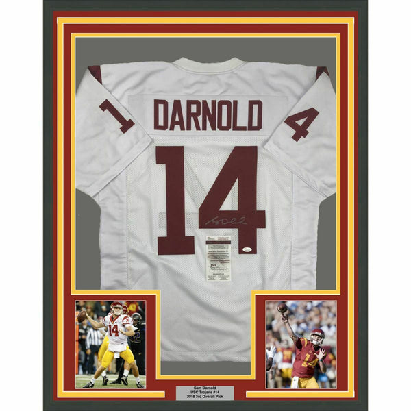 FRAMED Autographed/Signed SAM DARNOLD 33x42 USC White College Jersey JSA COA