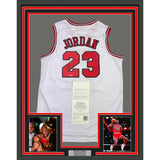 Framed Autographed/Signed Michael Jordan 35x39 White Jersey Upper Deck UDA COA