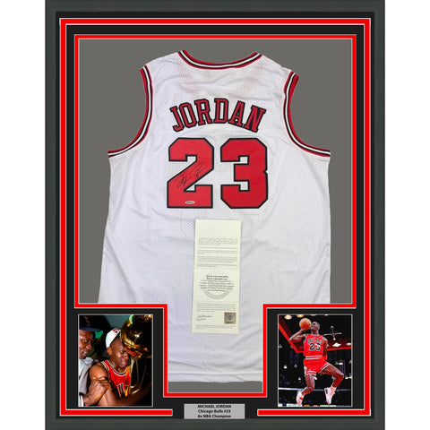 Framed Autographed/Signed Michael Jordan 35x39 White Jersey Upper Deck UDA COA