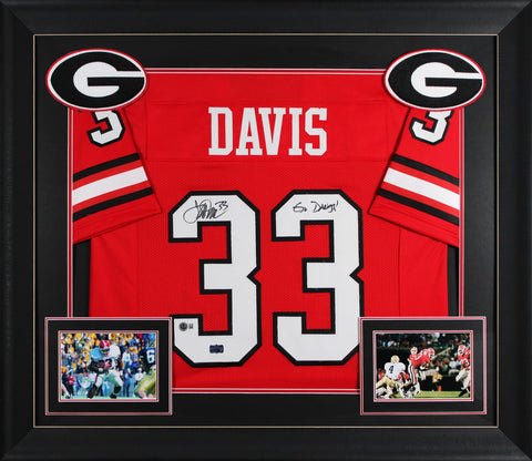 Georgia Terrell Davis "Go Dawgs" Signed Red Pro Style Framed Jersey BAS Witness